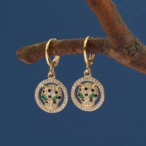 18K Gold Pavé Diamond Panther Designer Inspired Huggie Hoop Dangle Drop Earrings